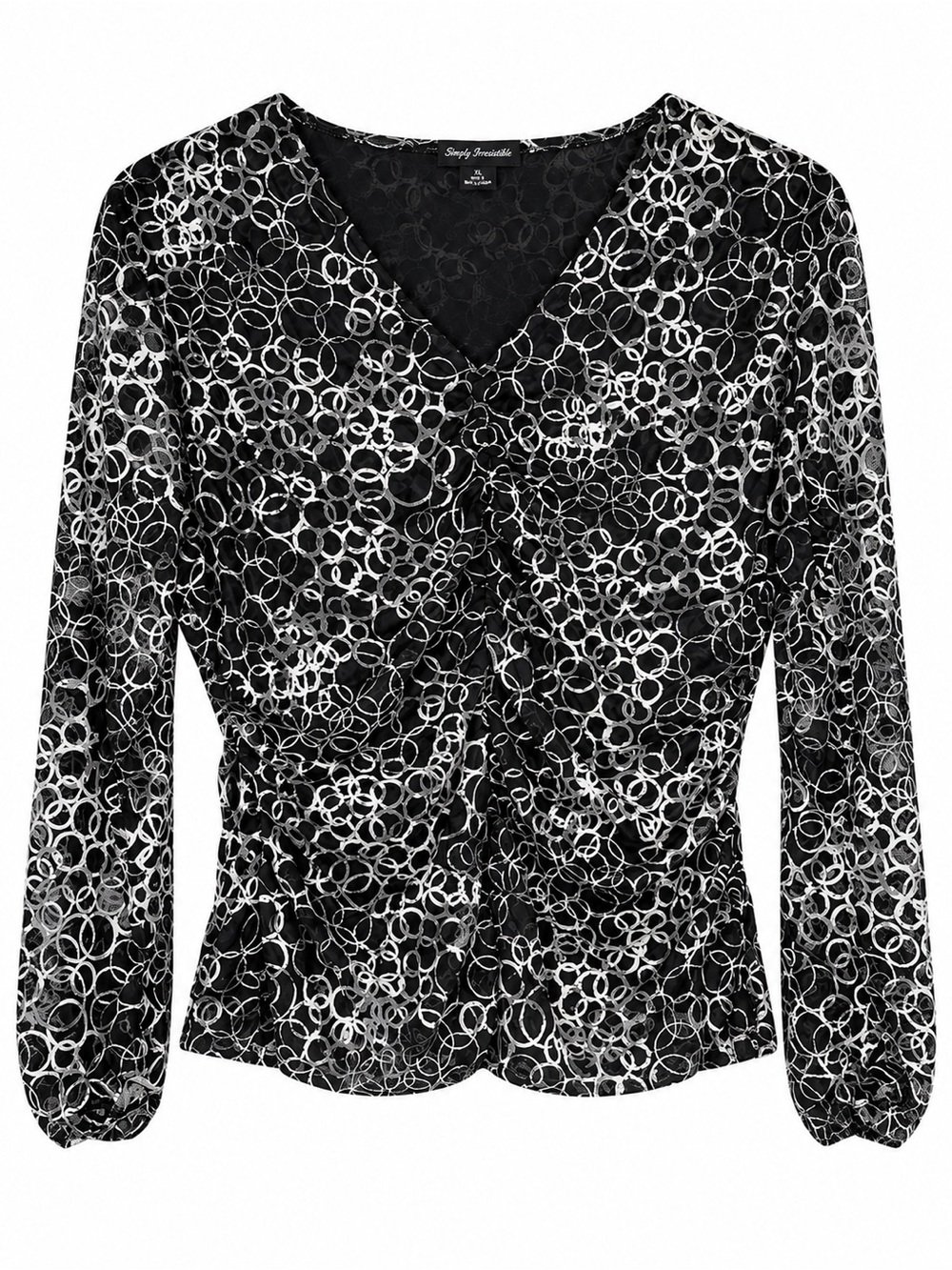 Simply Irresistible V Neck Ruched Top Sheer Sleeve Circle Print XL